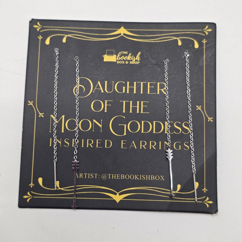 The Bookish Box Threader Earrings Daughter of the Moon Goddess Arrow Silver Tone